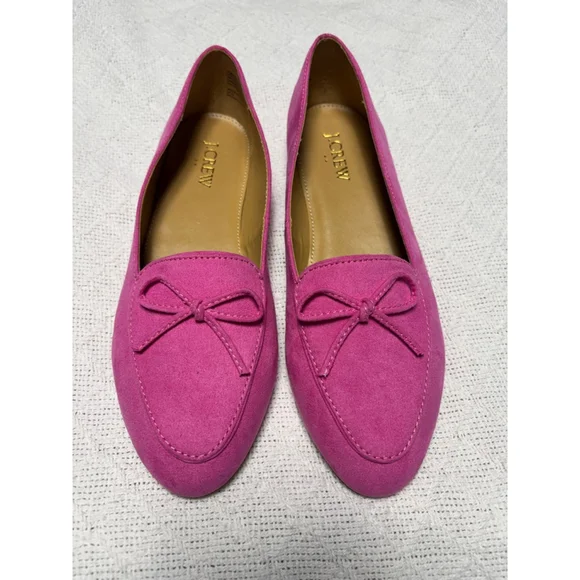 EUC J. Crew Factory Women's Classic Pink Faux Suede Loafer w/Bows Coquette Sz 7 - Picture 3 of 7